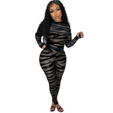 Striped Printed Sheer Mesh Jumpsuit